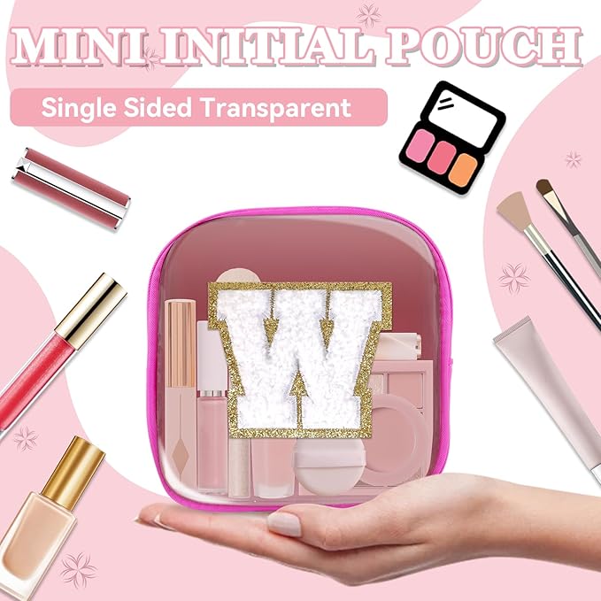 Mini Clear Personalized Initial Makeup Bag, Small Preppy A-Z Chenille Letter Patch Cosmetic Pouch, Transparent PVC & Nylon Waterproof Zip Beach Toiletry Bag,Gift for Women Girls(Hot Pink-White W)