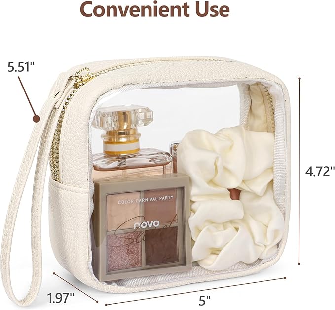 PACKISM Small Clear Makeup Bag - PU Leather Clear Travel Bags for Toiletries Mini Makeup Bag for Purse, Portable Cosmetic Bag Car Bag for Essentials for Women Gift Daily Use (Beige Mini)