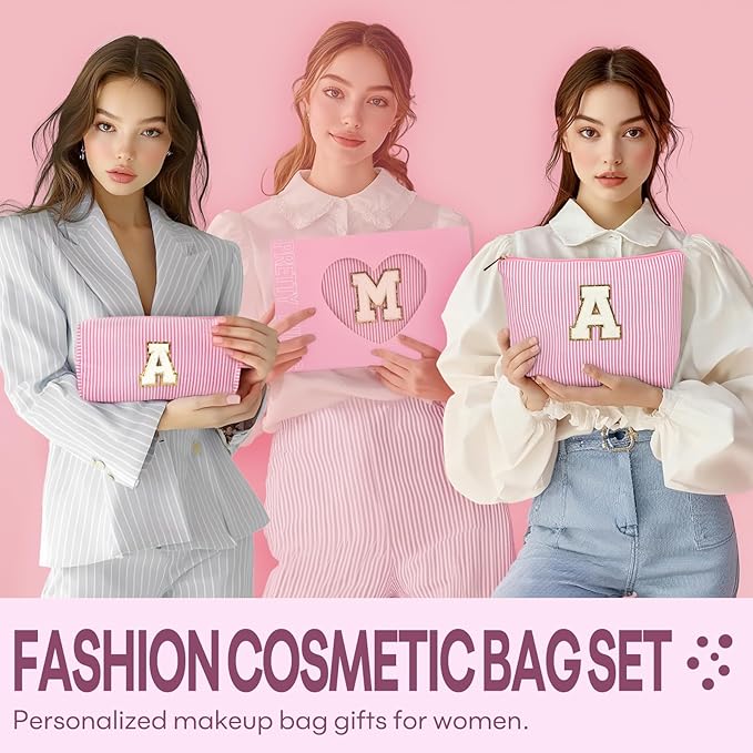 2 PCS Initial Makeup Bags for Women: Cosmetic Bag for Travel Toiletry - Birthday Gifts for 11 12 13 14 15 16 17 18 Years Old Girl Graduation Teacher Gift- Teen Girl Gifts Trendy Stuff - Pink B