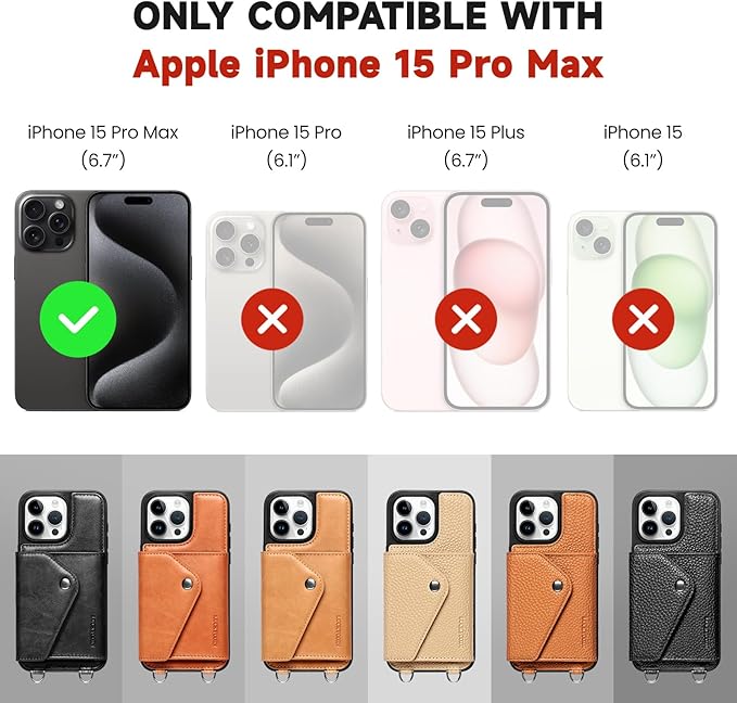 LUCKYCOIN Crossbody Wallet Phone Case for iPhone 15 Pro Max,100% Genuine Leather Wallet Phone Case with Expandable Flip Card Holder,Phone Purse for Women with Adjustable Removable Strap - Black