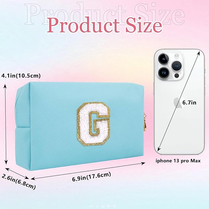 Small Personalized Letter Makeup Bag, Cute PU Leather Chenille Letters Cosmetic Bag Travel Makeup Pouch, Preppy Travel Organizer Zipper Pouch for Women&Girls（Blue-G）