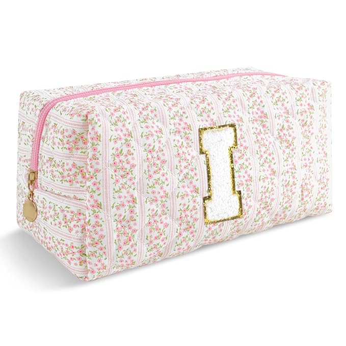 Personalized Quilted Cosmetic Bag, Puffy Monogrammed Christmas Birthday Gifts for Women & Girls, Cute initial Floral Makeup Bag Puffer Coquette Bag, Aesthetic Travel Toiletry Zipper Pouch(Pink,I)