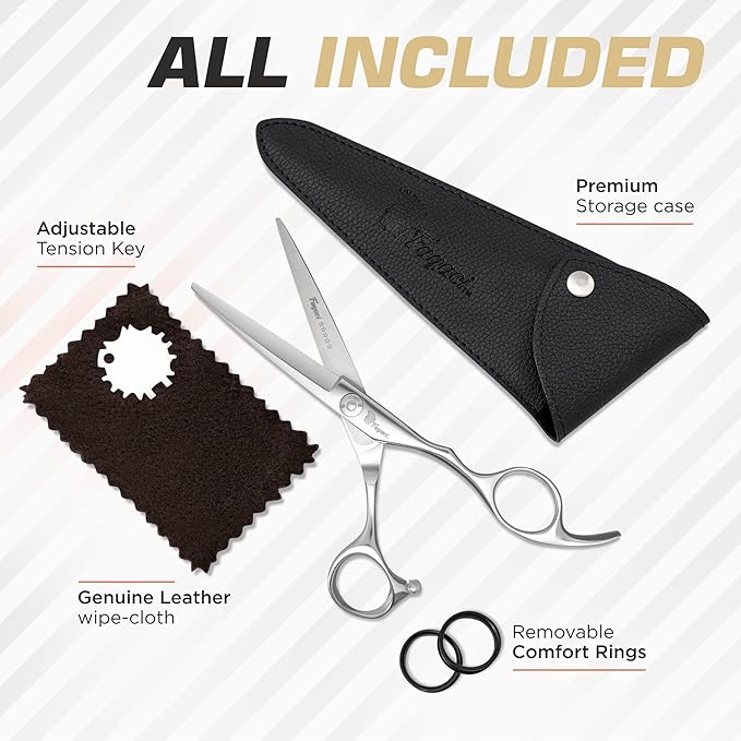 Professional Hair Scissors 5.5 Inch with Extremely Sharp Blades, 440C Steel Hair Cutting Scissors, Durable, Smooth Motion & Fine Cut, Barber Scissors with Elegant Sheath, Cleaning Leather & Key