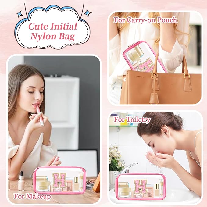 Small Clear Personalized Initial Makeup Bag,Nylon Preppy A-Z Chenille Letter Patch Cosmetic Pouch Beach Toiletry Bag,Waterproof Zipper Travel Purse Storage Bag Organizer for Women Girls(Pink-Pink H)