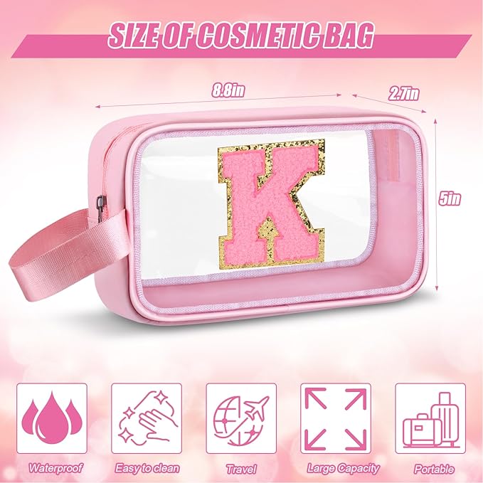 Initial Makeup Bag,Letter K Cute Clear Monogrammed Cosmetic Travel Bag for Womens Girls,Personalized Pink Aesthetic Traveling Make Up Organizer Bag for Beach,Waterproof Toiletry Bag