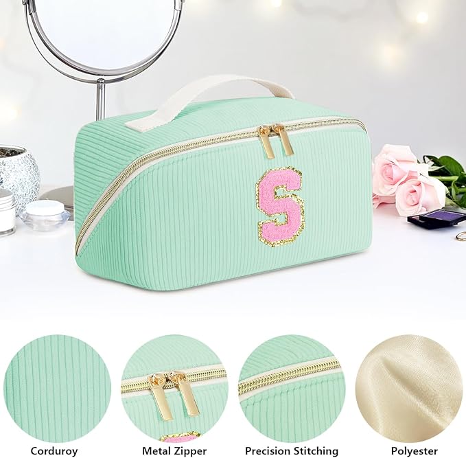 Personalized Initial Makeup Bag,Christmas Gifts for Girl,Preppy Bag Cosmetic Travel Bag Women,Travel Toiletry Organizer,Large Capacity Corduroy Stuff Bag,Cute Cosmetic Pouch Skincare Bag-U