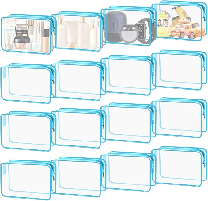 16 Pieces Clear Cosmetic Bags, PVC Clear Pouch with Zipper TSA Approved Toiletry Bag for Travelling, Waterproof Transparent Travel Makeup Cosmetic Organizer Case for Men and Women (Blue-M)