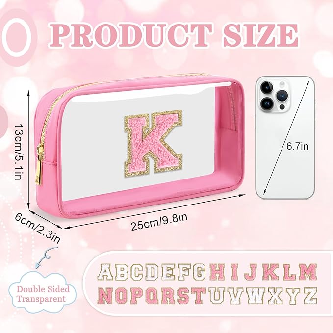 Small Clear Personalized Initial Makeup Bag,Nylon Preppy A-Z Chenille Letter Patch Cosmetic Pouch Beach Toiletry Bag,Waterproof Zipper Travel Purse Storage Bag Organizer for Women Girls(Pink-Pink K)