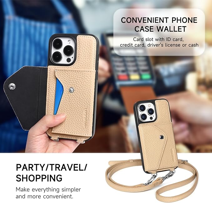 LUCKYCOIN Crossbody Wallet Phone Case for iPhone 15 Pro,100% Genuine Leather Wallet Phone Case with Expandable Flip Card Holder,Phone Purse for Women with Adjustable Removable Strap - Pebble Beige