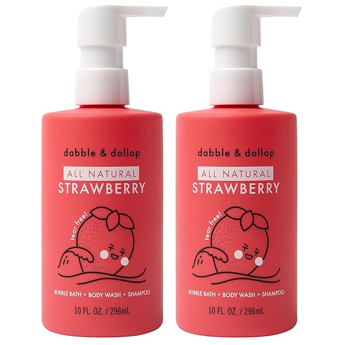 Dabble & Dollop All Natural Strawberry 3-in-1 Body Wash, Shampoo & Bubble Bath for Kids – Tear-Free, Gentle, Hypoallergenic, Vegan, No Parabens or Sulfates (10 fl oz, Pack of 2)
