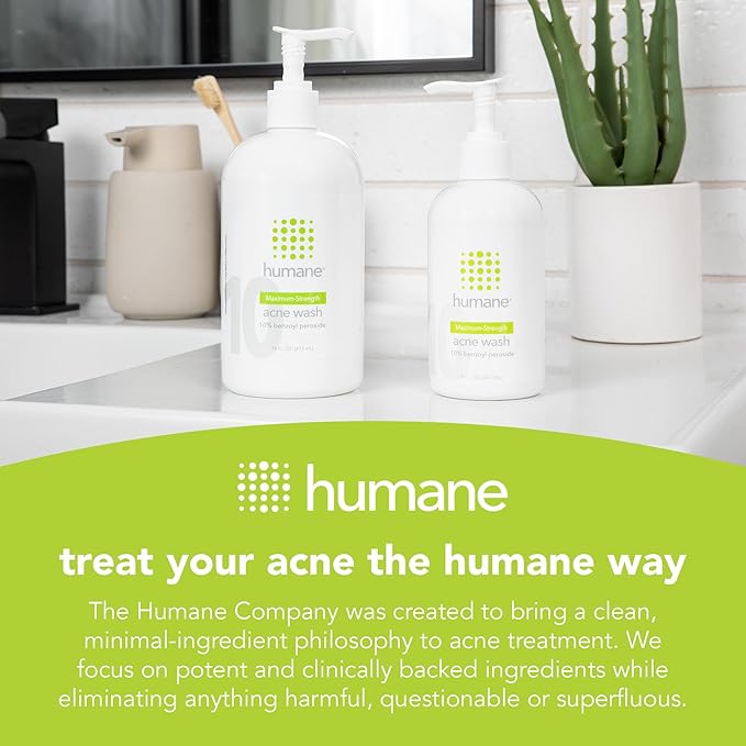 humane Benzoyl Peroxide Acne Body Wash - 10% Maximum-Strength Face, Skin, Butt, and Back Acne Treatment - 16 Fl Oz - Dermatologist-Tested Non-Foaming Acne Face Wash Cleanser - Vegan, Cruelty-Free