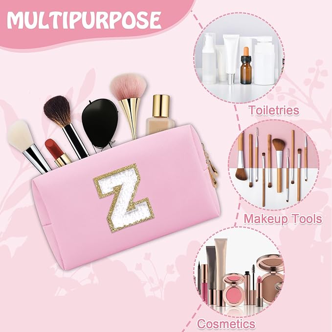 Small Initial Preppy Makeup Bag, Personalized Cute Pink Cosmetic Organizer Chenille Letter Travel Toiletry Zipper Pouch, Waterproof PU Make Up Case Birthday Gifts for Women Best Friend Mom(Letter Z)