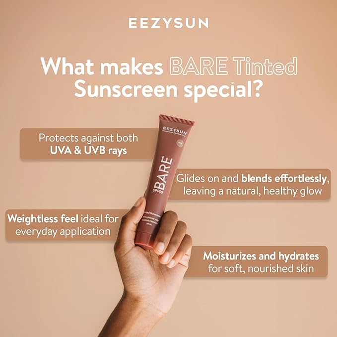 BARE Tinted Sunscreen SPF 50 – Non-Greasy, Water-Resistant, Vegan & Reef-Safe with Hyaluronic Acid & Jojoba Oil – 1.69 fl oz – Deep