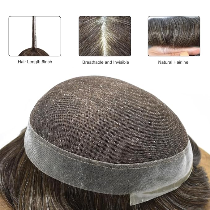 FACE MIRACLE Mens Toupee Lace Front Hairpieces Soft Human Hair Replacement System Natural Hairline Toupee for Men Poly V-Looped Mens hair Units 7"X9" #220 2# DARKEST BROWN WITH 20% SYNTHETIC GREY