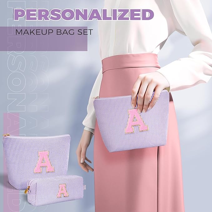 Makeup Bag Set Initials Cosmetic Bag,Birthday Graduation Gifts for 10 11 12 13 14 15 16 17 18 Years Old Girl Girlfriend Teen Girls Gift Trendy Stuff Toiletry Bag Travel - Lavender,A