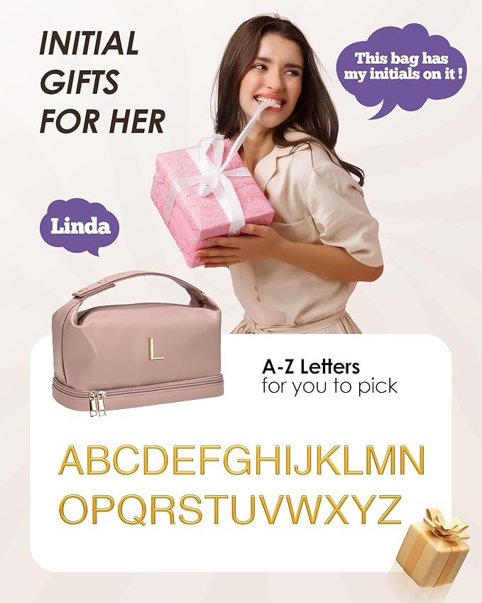 Initial Makeup Bags Personalized Bag with Handle, Monogrammed Gifts for Women Cosmetic Pouch, Large Capacity PU Leather Makeup Bags Letter Travel Toiletry Pouchs with Makeup Brush Organizer