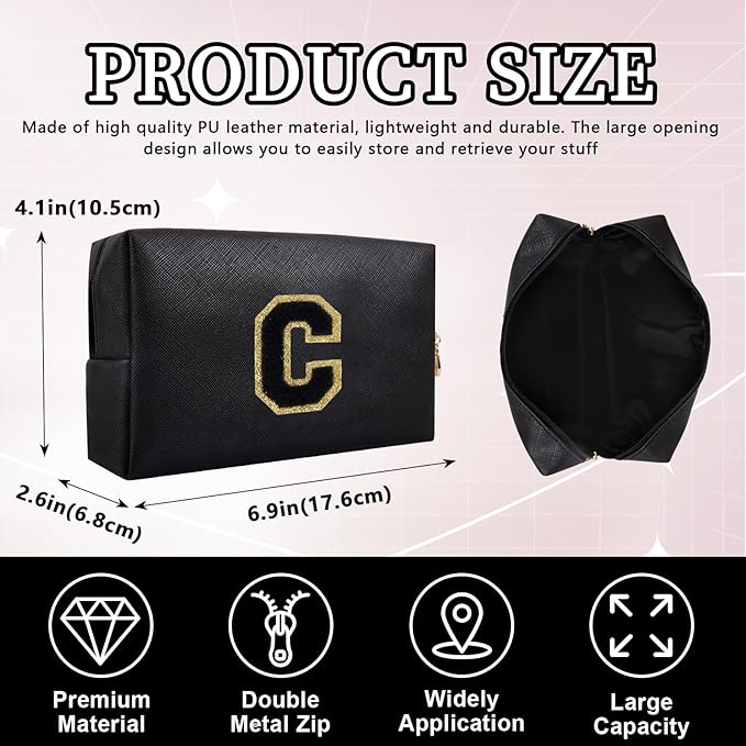 Personalized Initial Letter Patch Makeup Bag, Preppy Portable Chenille Cosmetic Bag with Zipper, PU Leather Waterproof Travel Toiletry Bag Monogram Make Up Pouch for Women Girls