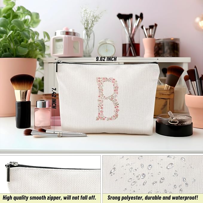 Initial Makeup Bag Floral B Personalized Cosmetic Bag Monogrammed Gifts for Women Girls Bride Boss Monogram Zipper Pouch for Teacher Appreciation Mothers Day Birthday Wedding Bridal Shower Gifts
