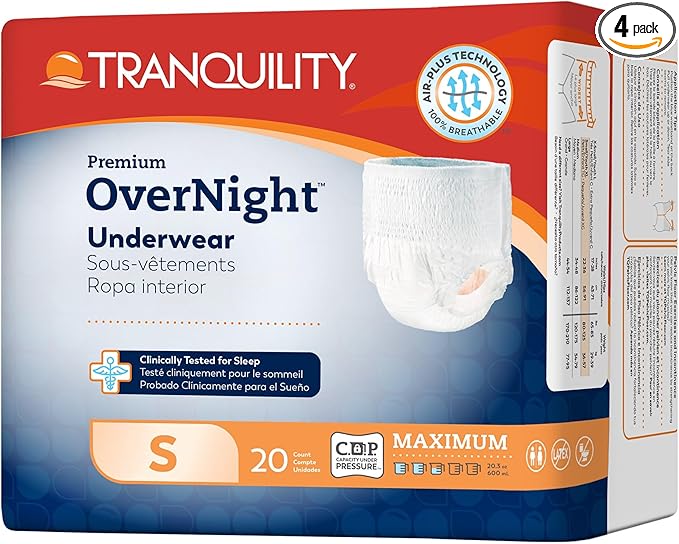 Tranquility Premium OverNight Disposable Absorbent Underwear (80 Count) - S, 22-36 in. Waist - Maximum Absorbency, All-Night Sleep, Breathable Comfort, 80 Adult Diapers