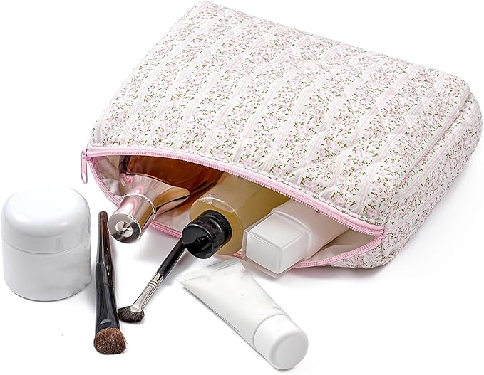 Makeup Bag Travel Cosmetic Bag for Women Girls, Zipper Make Up Pouch, Floral Flowers Toiletry Organizer Makeup, Portable Storage Cosmetic Travel Cloth Bag (L/Pink Floral)