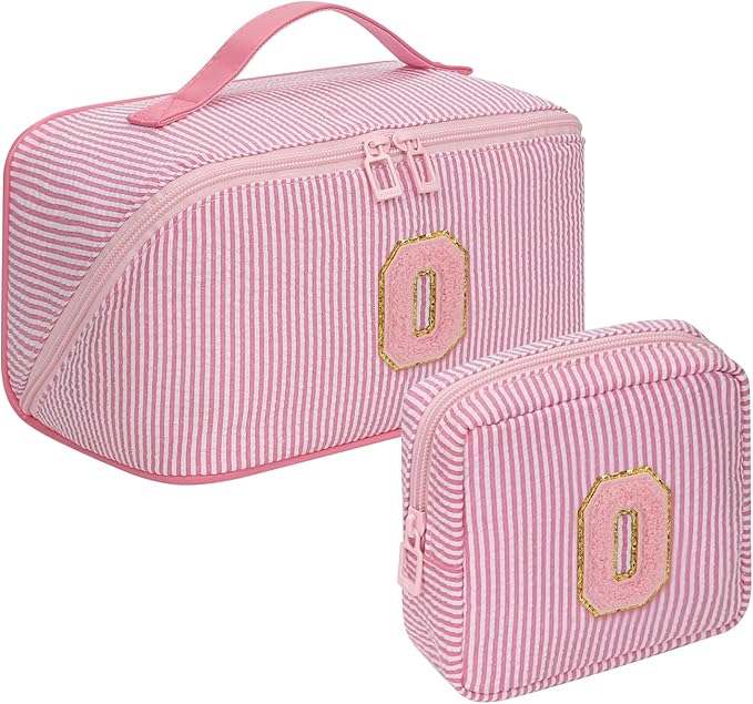 Travel Makeup Bag for Women, 2Pcs Portable Personalized Initial Makeup Organizer Bag, Open Flat Large Cosmetic Bag With Travel Essential Pouch (Pink Letter O)