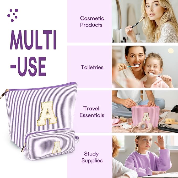 2 PCS Initial Makeup Bags for Women: Cosmetic Bag for Travel Toiletry - Birthday Gifts for 11 12 13 14 15 16 17 18 Years Old Girl Graduation Teacher Gift- Teen Girl Gifts Trendy Stuff - Purple A