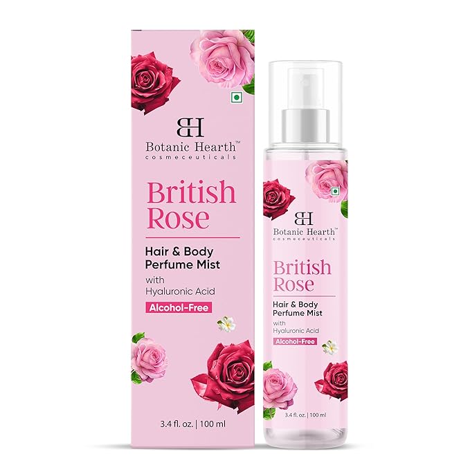 Botanic Hearth British Rose Hair Perfume & Body Perfume Mist with Hyaluronic Acid, Alcohol-Free, Refreshing & Hydrating Body Spray, Long Lasting Floral Fragrance, 100 ml / 3.4 fl oz