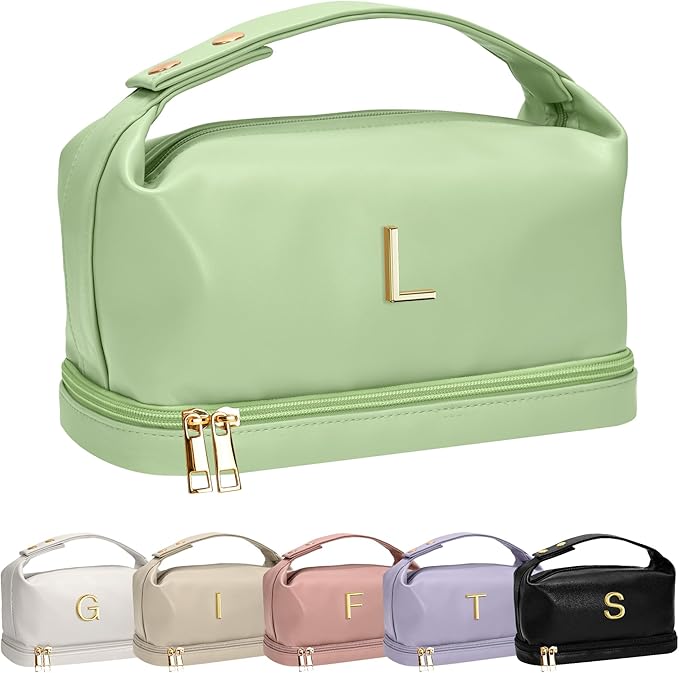 Personalized Gifts for Women Unique, Makeup Bag with Handle, Initial Double Layer Cosmetic Bag with Makeup Brush Organizer, Cute Cosmetic Pouch for Women, Gifts for Friends Female Mom