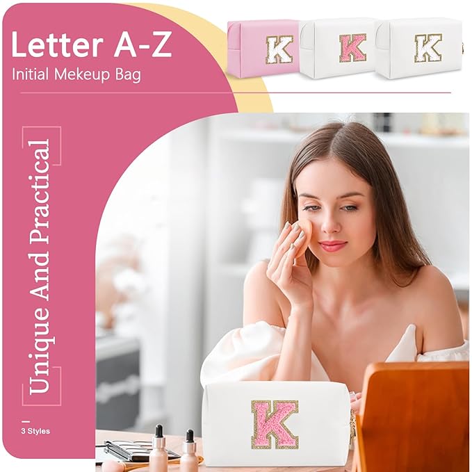 Personalized Makeup Bag Initial A-Z Preppy Patch Bag,Small PU Leather Travel Cosmetic Bag Pouch with Zipper,White Cute Toiletry Bag,Gift Ideal for Teen Girls Women Birthday Friend Mom,Letter K