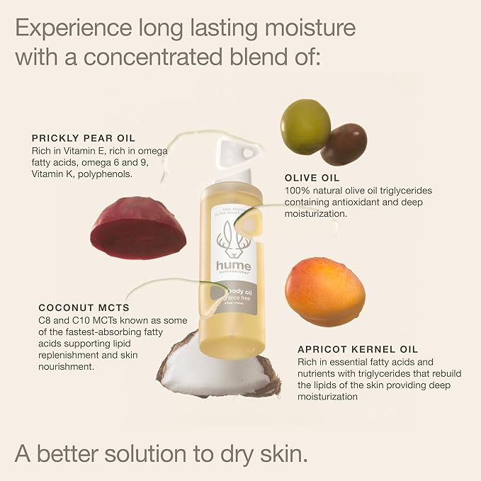 HUME SUPERNATURAL Dry Body Oil Spray - Moisturizing Oil for Dry Skin, After Shower Body Oils for Women and Men, Oil Body Spray, Nourishing, Hydration, Glow, Fragrance Free, 1 Pack