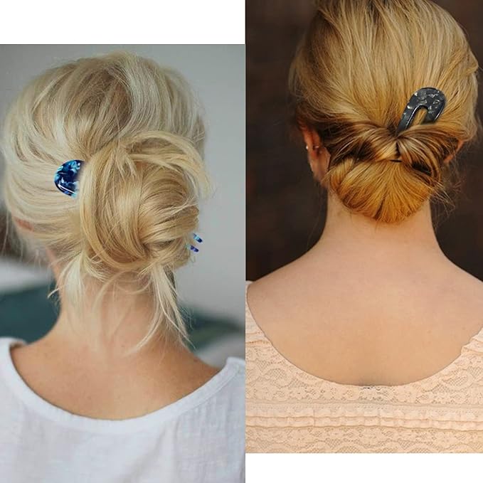 French Hair Forks Tortoise Shell U Shape Updo Hair Pins Clips for Thin Thick Hair, Long Classic 2 Prong Bun Hair Sticks Chignon Women Vintage Hairstyle Accessories, 3 Pack (Blue Brown Black)
