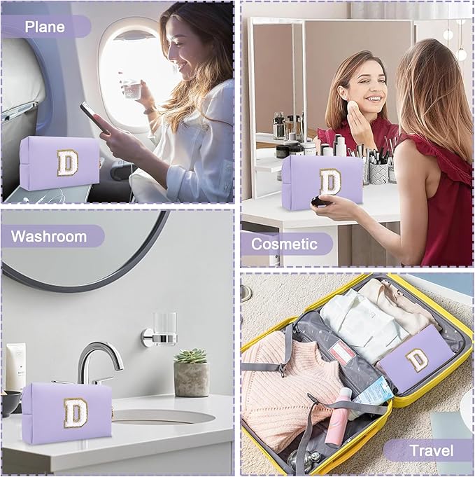 Personalized Chenille Letter Preppy Makeup Bag, Mini Cute Purple Initial Cosmetic Bags Travel Toiletry Zipper Pouch Makeup Storage, Waterproof Make Up Case Travel Essentials for Women Female(Letter D)