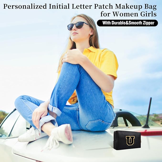 Personalized Initial Letter Patch Makeup Bag, Preppy Portable Chenille Letter Cosmetic Bag with Zipper, PU Leather Waterproof Travel Toiletry Bag Monogram Make Up Pouch for Women Girls