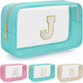 Personalized Initial Clear Makeup Bag, Travel Chenille Patch Cosmetic Bag, Preppy Toiletry Bag Monogram Cosmetic Pouch with Zipper, Ideal Gift for Teen Girls Women (Clear-Green, J)