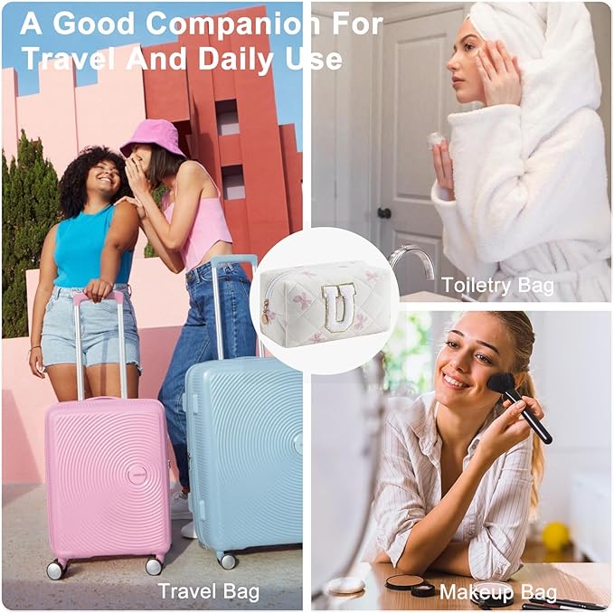 Gleyemor Personalized Initial Makeup Bag for Women, Cute Quilted Pink Floral Cotton Cosmetic Bag, Christmas Gifts for Her Mom Friend Sister Bridesmaid Teacher Women U