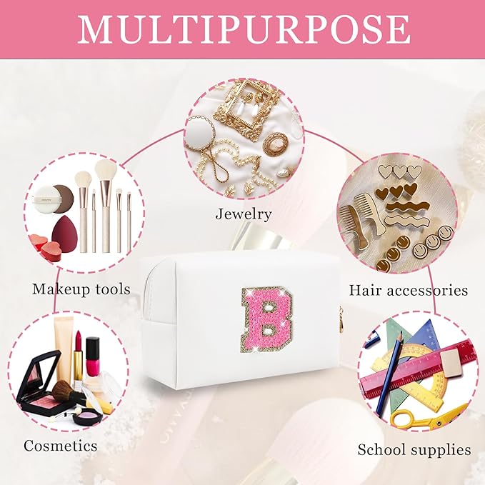 Personalized Initial Letter Makeup Bag, Preppy Glitter Letter Patch Cosmetic Pouch Zipper,PU Waterproof Travel Toiletry Bag Cute Makeup Organizer Monogrammed Make Up Bag,Gift for Women Girls(Letter B)