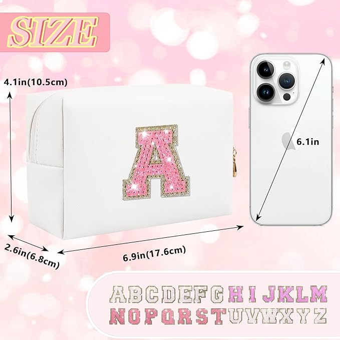 Personalized Initial Letter Makeup Bag, Preppy Glitter Letter Patch Cosmetic Pouch Zipper,PU Waterproof Travel Toiletry Bag Cute Makeup Organizer Monogrammed Make Up Bag,Gift for Women Girls(Letter A)