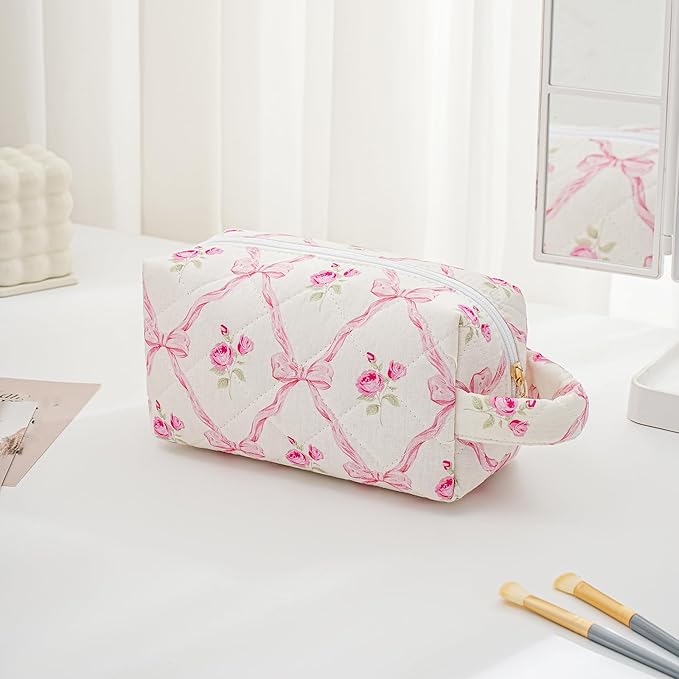 Makeup Bag Travel Cosmetic Bag for Women, Zipper Make Up Pouch, Floral Flowers Toiletry Organizer Makeup with Handle, Cosmetic Travel Cloth Bag (Pink Bowknot)