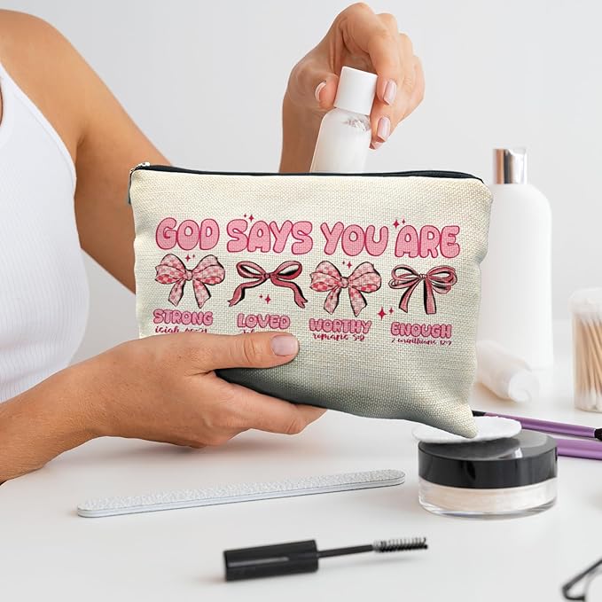 Coquette Preppy Pink Bow Makeup Bag, God Says You are Christian Bible Verse Cosmetic Bags Zipper Pouch for Women, Christian Gifts for Women, Faith Based Gifts Makeup Pouch