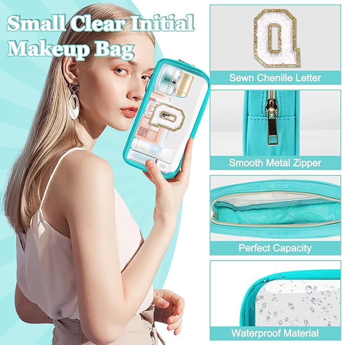 Small Clear Personalized Initial Makeup Bag, Preppy Nylon A-Z Chenille Letter Patch Makeup Organizer TSA Approved Travel Toiletry Bag,Waterproof Zip Beach Cosmetic Pouch Purse for Women(Cyan-White Q)