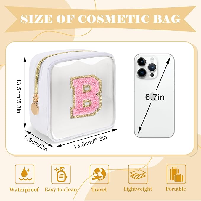 Personalized Initial Letter Clear Preppy Makeup Bag,Mini Nylon Chenille Letter Cosmetic Bag Cute Zipper Pouch Purse for Teen Girls,Portable TSA Approved Beach Travel Essentials Bag Gift for Women,B