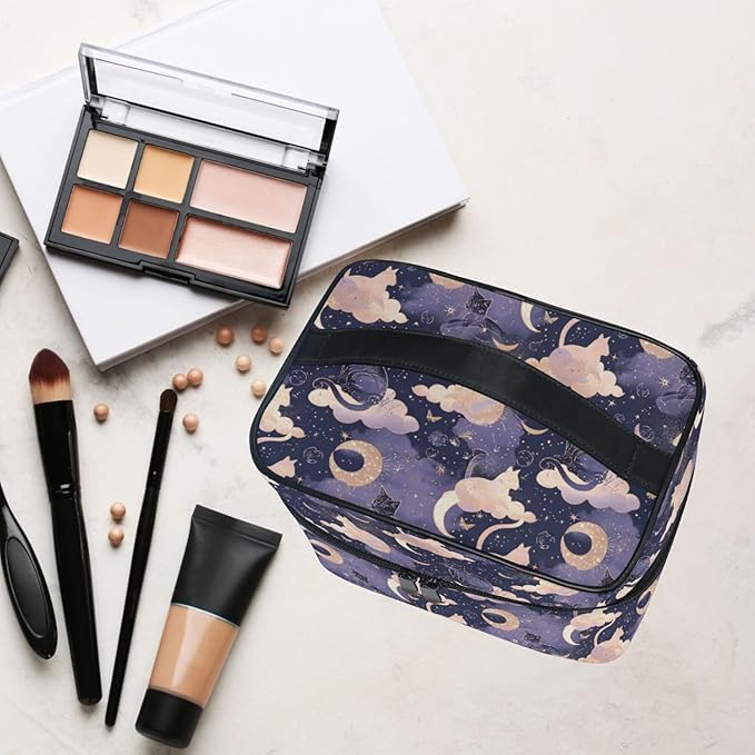 MNSRUU Makeup Bags, Cat Moon Makeup Organizer Bags Toiletry Bag Box Travel Cosmetic Bag Make Up Train Case for Women Teen Girl Ladies