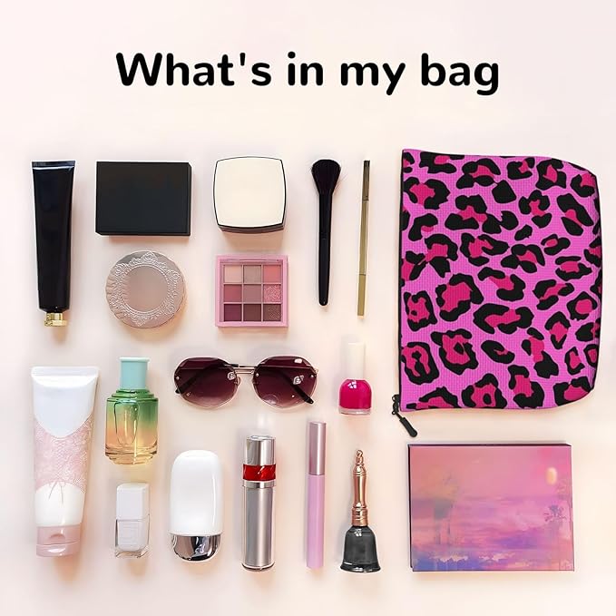 MOLAIGIN Cheetah Pink Leopard Pattern Cool Black Cosmetic Bag For Women, Travel Makeup Bag, Toiletry Zipper Bag, Large Capacity Aesthetic Cases