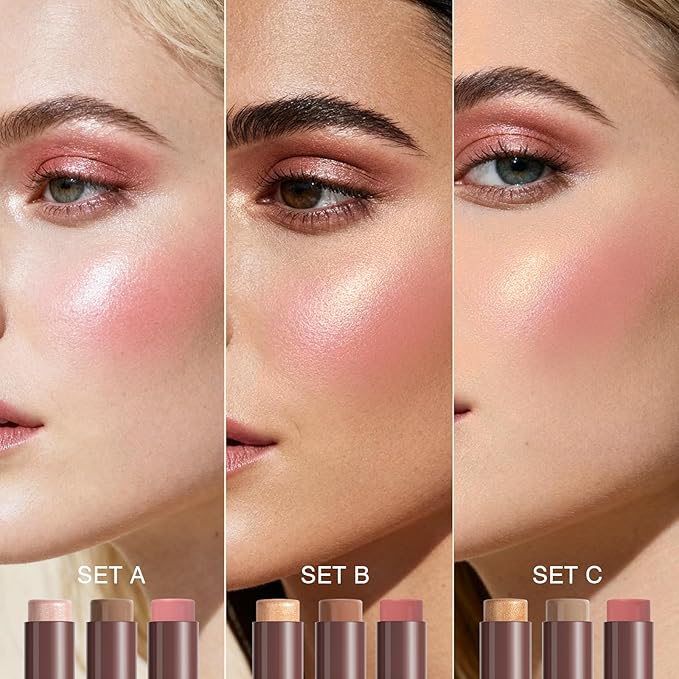 3Pcs Cream Contour Sticks, Shades with Highlighter & Bronzer & Blush, Makeup Kit for Sculpt the Cheeks Long Lasting Dewy & Matte Finish Lightweight Face Contouring Pen LIGHT MEDIUM (SET-A)