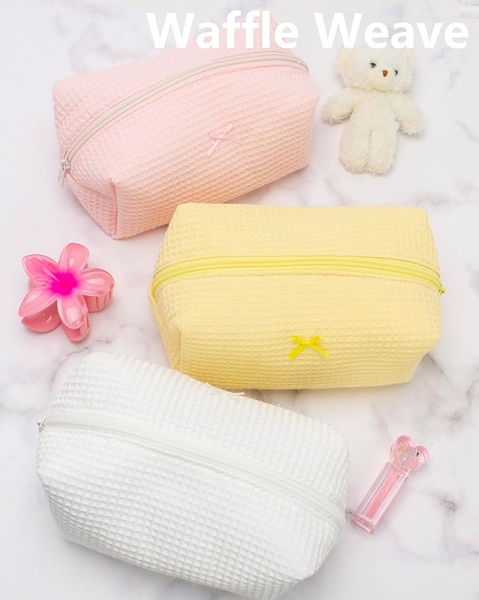 PAZIMIIK Cozy Makeup Bag Travel Cosmetic Bag for Women Soft Toiletry Bag Aesthetic Makeup Organizer Portable Large Zipper Pouch for Skincare Beauty Accessories Brushes Waffle Check Yellow