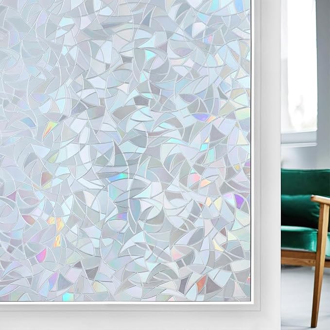 rabbitgoo Window Privacy Film Rainbow Film Decorative Window Sticker, 3D Static Stained Glass Cling Tint for Home Heat Control Non-Adhesive, Grayish Silver, 17.5 x 157.4 inches