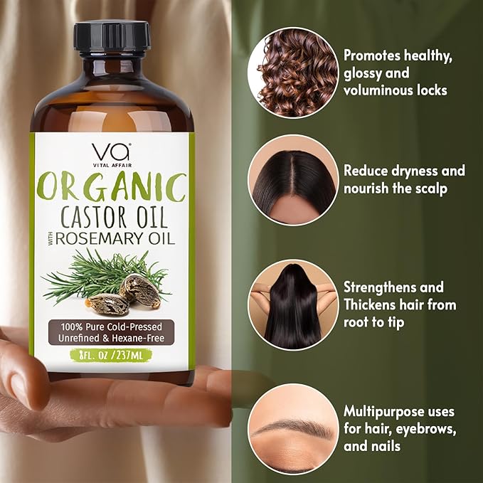 VITAL AFFAIR Organic Castor Oil With Rosemary Oil For Hair Growth - 100% Pure Rosemary Hair Oil With Pure Castor Oil Cold Pressed Unrefined Glass Bottle - Strengthening & Volumizing 8 Fl Oz