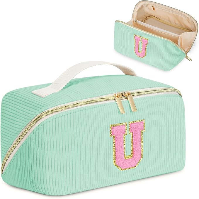 Personalized Initial Makeup Bag,Christmas Gifts for Girl,Preppy Bag Cosmetic Travel Bag Women,Travel Toiletry Organizer,Large Capacity Corduroy Stuff Bag,Cute Cosmetic Pouch Skincare Bag-U