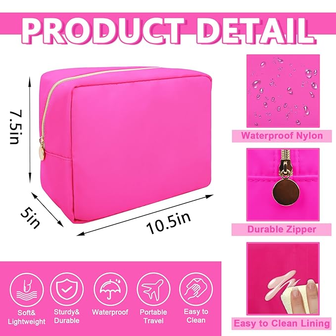 Large Makeup Bag Pouch,Nylon Women Travel Toiletry Storage Bag Preppy Cosmetic Bag for Girls,Big Makeup Organizer Bag Cute Zipper Pouch Skincare Bag for Sport Work Gift(Large-Bubblegum)