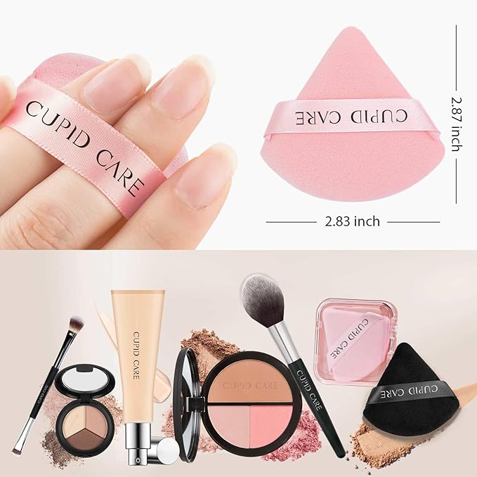 6 Pcs Triangle Powder Puff with 2 Travel Cases, Setting Powder Puffs for Face Powder and Foundation, Velour Makeup Puff for Loose Powder Body Powder, Skin-Friendly, Beauty Makeup Tools